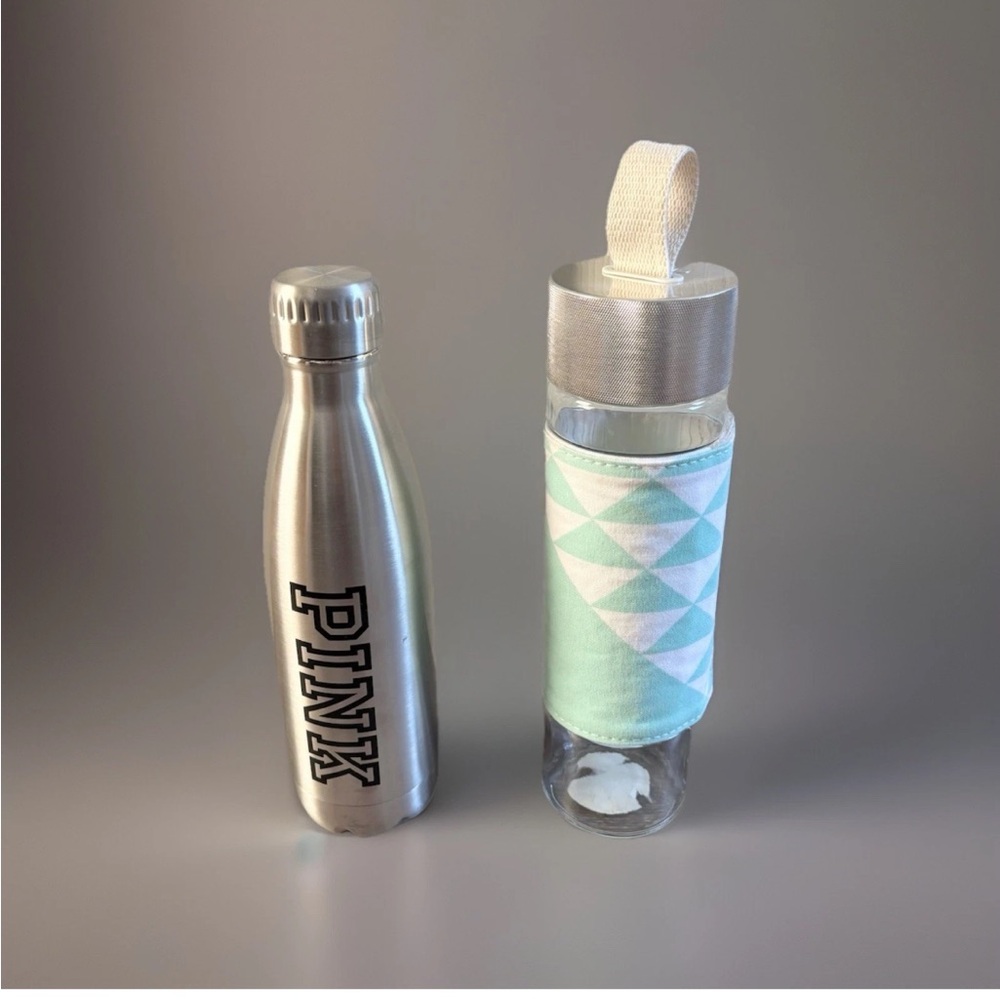 Ello Glass Este water bottle tumbler fabric sleeve & VSpink stainless steel cup